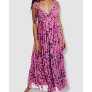 Rococo Sand Lei Pink Purple Chiffon Maxi Dress Tie Shoulder Preppy Womens Small.